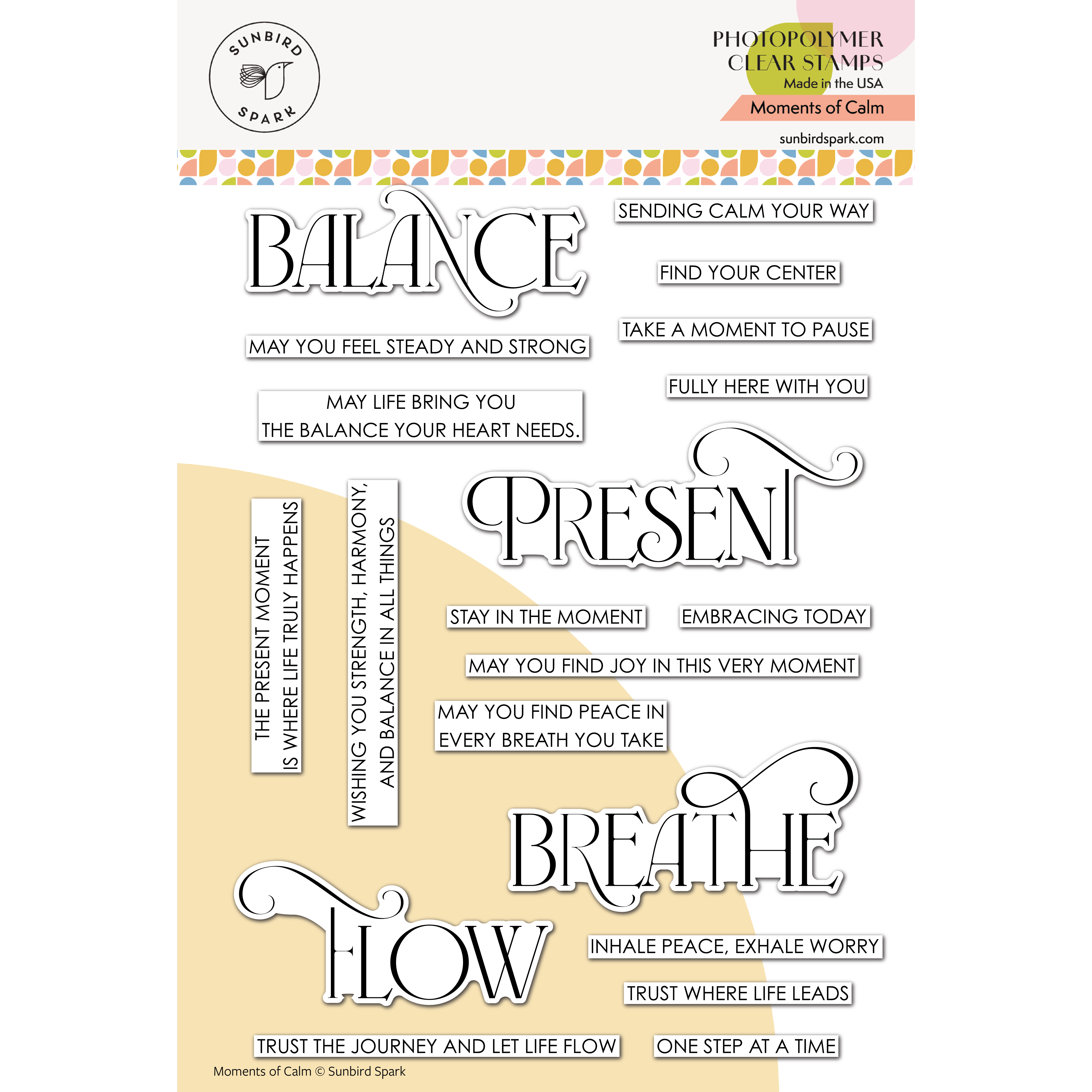 A sheet of clear photofoamer stamps with various inspirational quote designs on a white background. The sheet features multiple words and phrases like 'Balance', 'Present', 'Breathe', and 'Flow' in elegant typography, along with smaller motivational sayings.
