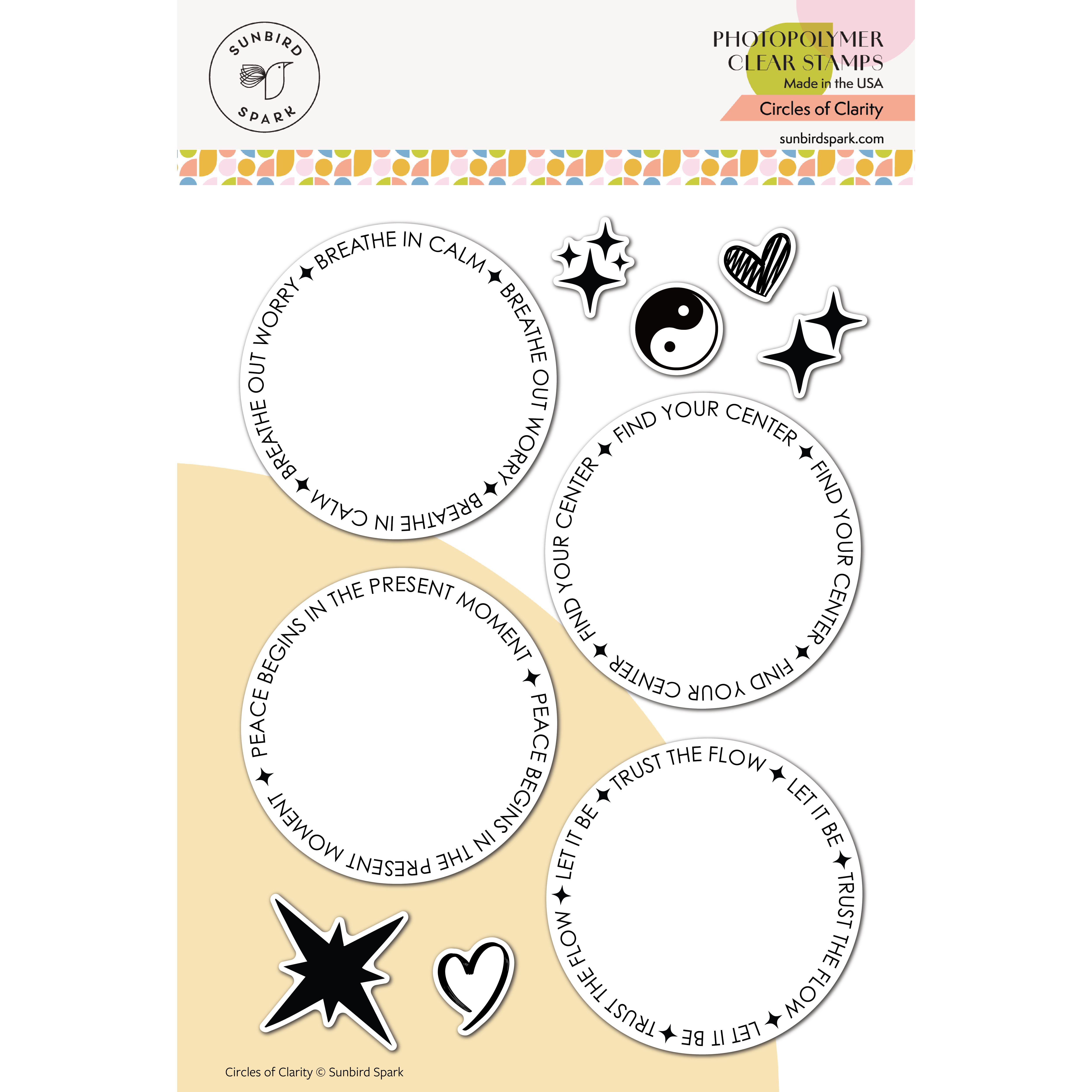A sheet of clear photopolymer craft stamps from Sunbird Spark, featuring various black and white meditative and circular designs with text like 'Breathe in Calm', 'Find Your Center', and 'Trust the Flow'.