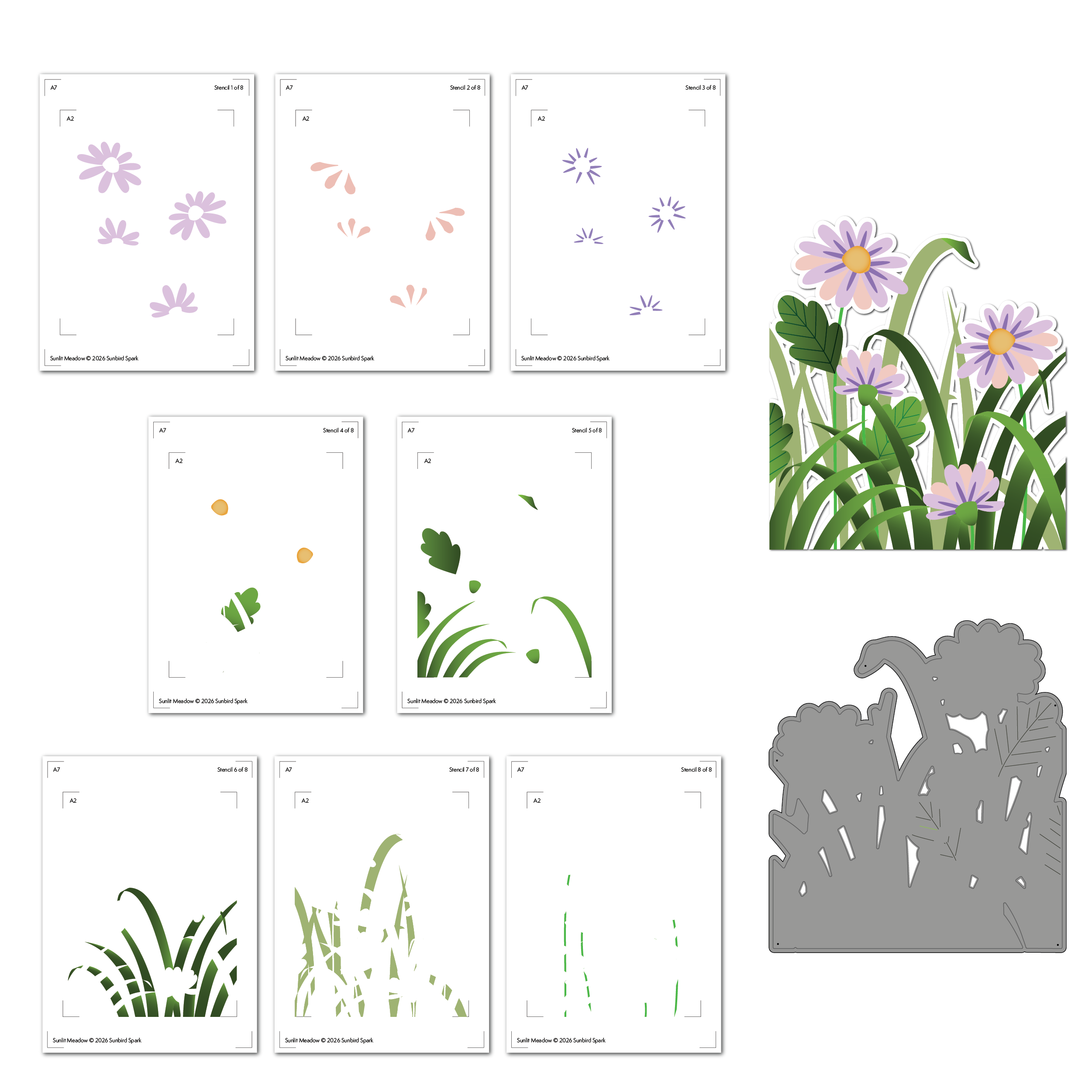 Sunlit Meadow layering stencil and coordinating die set for A2 cards